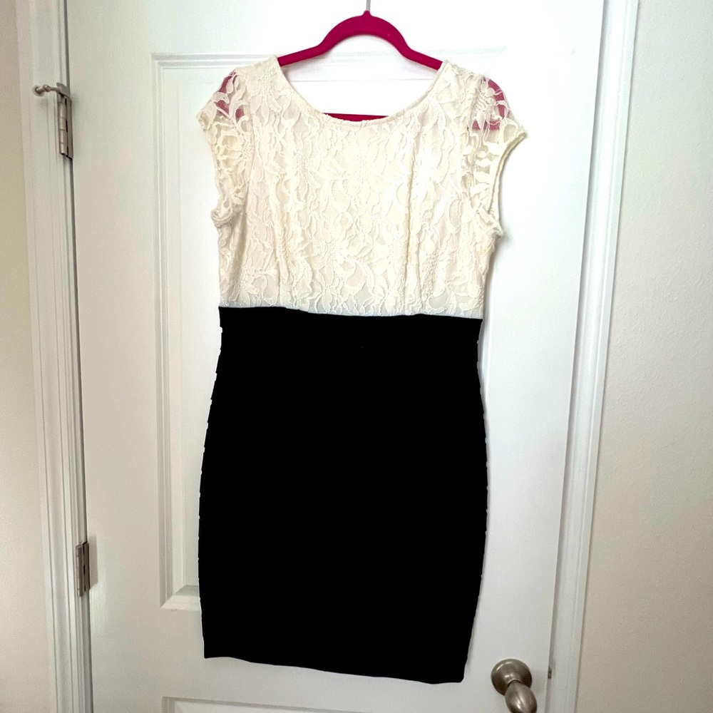 White lace top, black bottom dress